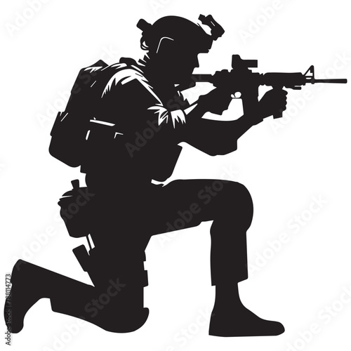 A scout soldier silhouette moving silently with a suppressed pistol vector illustration photo