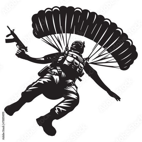 A silhouette of a paratrooper in free fall gun strapped vector illustration