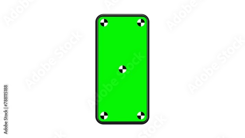 Mobile Phone mockup 3D animation with green chroma key screen and motion tracking markers. File includes RGB and alpha channel for transparent background on video editing programs.