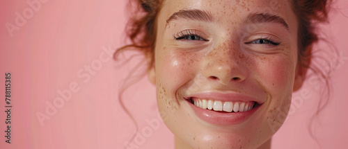 Beautiful laughing teenage girl face showing off her smooth white teeth that perfectly match her natural looking skin on an elegant soft pastel color background created with Generative AI Technology