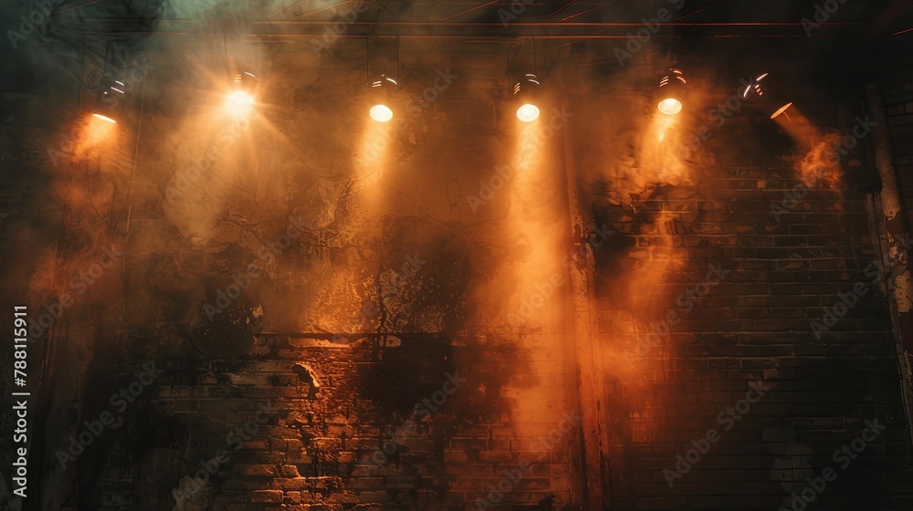 spotlights shining on an old wall, cinematic lighting