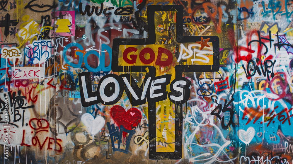 Spray painted graffiti wall positive bold quote GOD Loves graf paint artist tag rainbow colorful cross red yellow street art lord mural faith jesus christ religion church word background painting 
