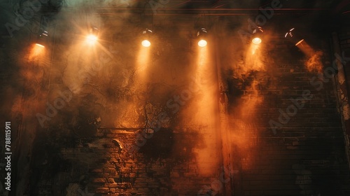 spotlights shining on an old wall, cinematic lighting