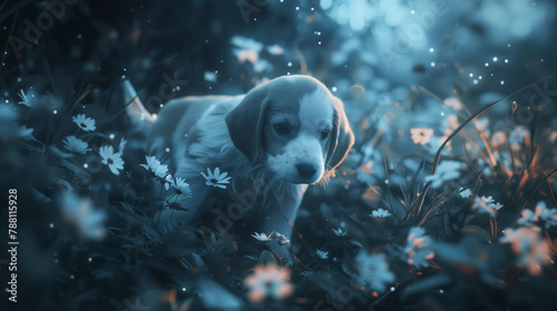 Puppy amidst blue-tinted flowers