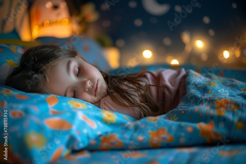 A serene image capturing a child's innocent slumber under the warm glow of fairy lights and starry decor This evokes a sense of peace and childhood nostalgia