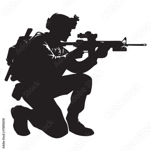A soldier in a crouching position aiming a rifle with an emphasis vector illustration