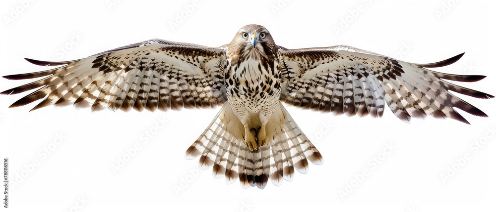 Fototapeta premium Majestic full body golden hawk eagle bird flying spreading its beautiful wings isolated on white background