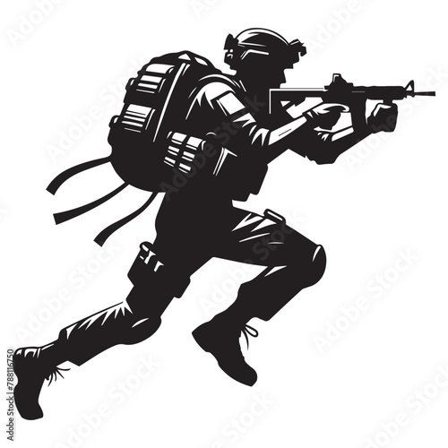 An illustration of a soldier running with a backpack and holding a vector