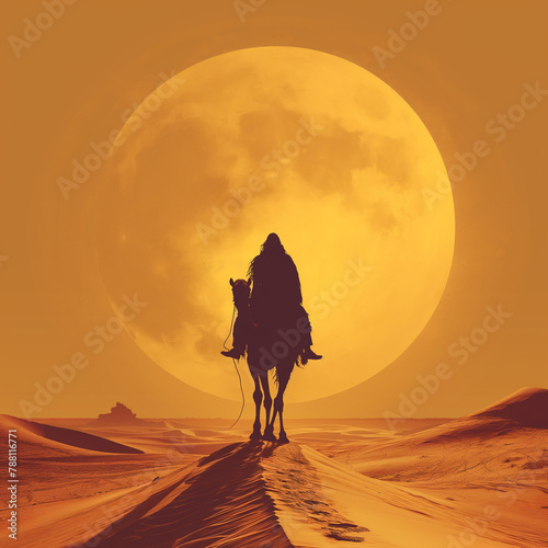Islamic New Year and Eid Al-Adha theme with silhouette of person on camel against giant  moon at clear sunset in sahara desert