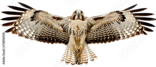 Majestic full body golden hawk eagle bird flying spreading its beautiful wings isolated on white background created with Generative AI Technology