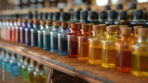 a lot of colourful small perfume, essential oil, infusion bottles on the wooden shelf. 