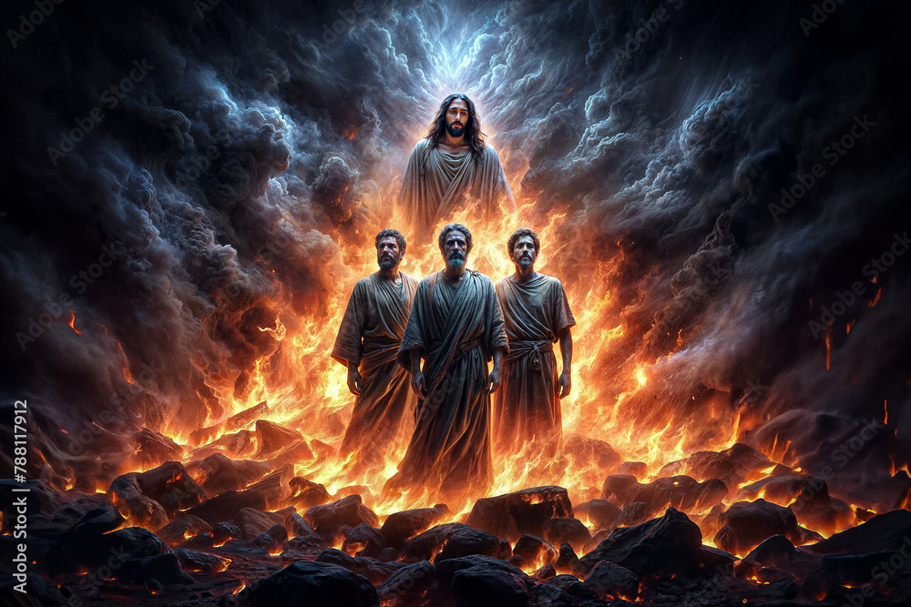 Shadrach, Meshach, and Abednego in Fiery Furnace: Biblical Scene Stock
