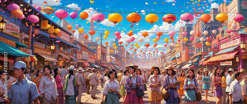 Anime Background and Wallpaper. Lively anime street scene at a festival, featuring people strolling amidst hanging lanterns in vibrant colors