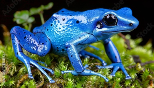 Vibrant blue poison dart frog, dendrobates tinctorius azureus, on lush green moss in close up