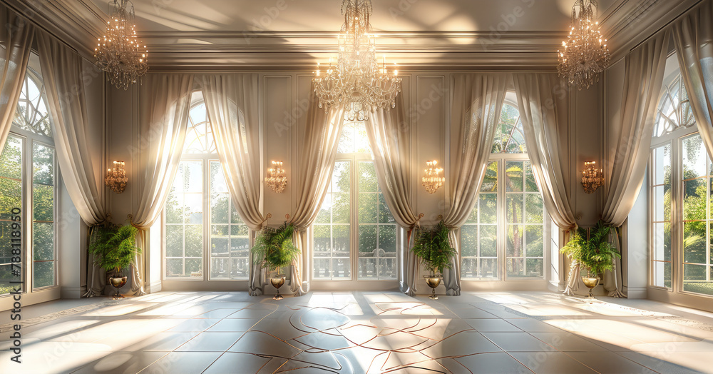 Elegant room with three windows facing a garden, summer ambiance, sheer chiffon curtains, chandelier at the center of the ceiling. Generative AI.