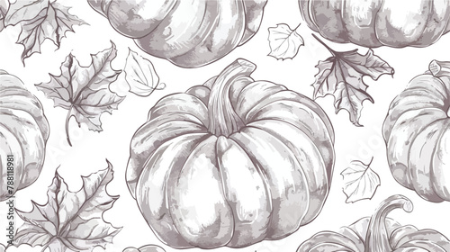 Seamless outlined pattern with engraved pumpkins photo
