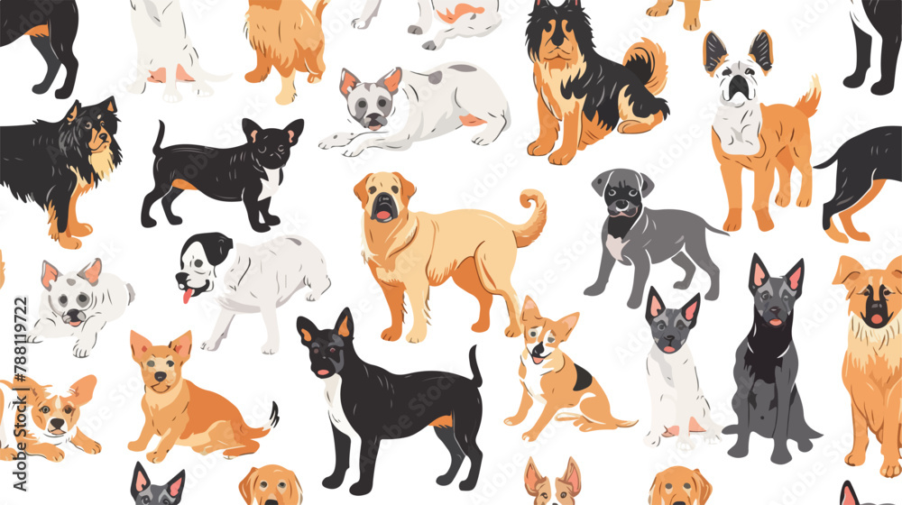 Seamless pattern with different dogs and puppies on white background 