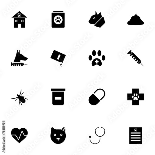 Pet Vet icon - Expand to any size - Change to any colour. Perfect Flat Vector Contains such Icons as veterinary, dog, animal, cat, paw, heart, food, bandage, pill, puppy, stethoscope, syringe, pill
