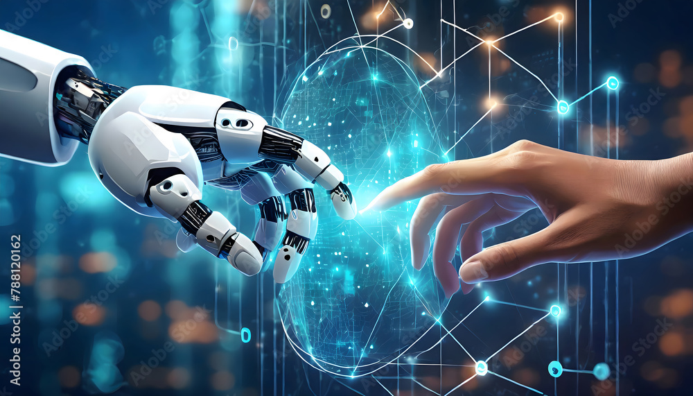 AI, Machine learning, Hands of robot and human touching on big data network connection. Generative AI. AI, Machine learning, Hands of robot and human touching on big data network connection. Generative AI.