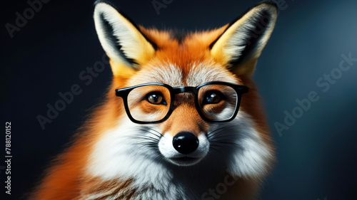 A fox with glasses. Close-up. Horizontal wallpaper for desktop on your computer © Fatih