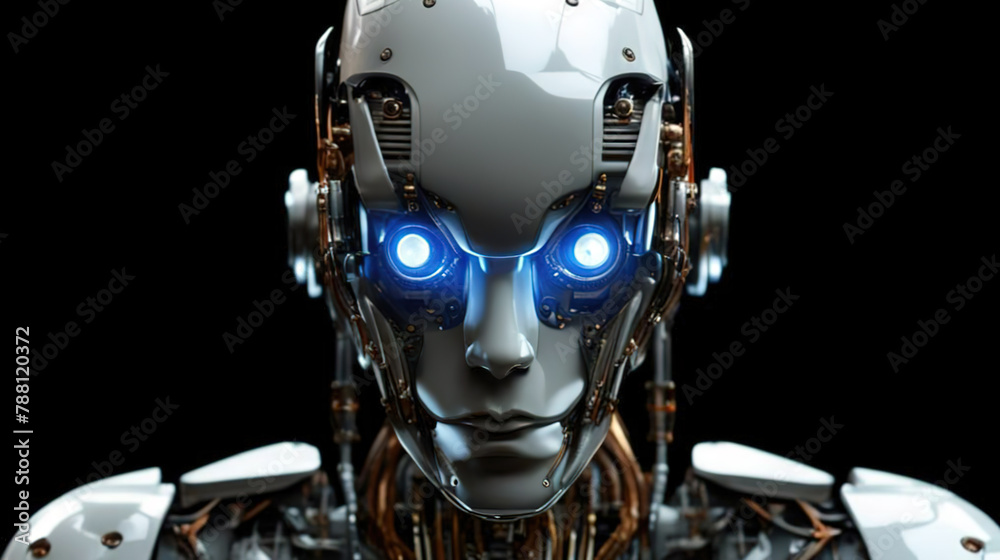 Robot full-face. Close-up. Horizontal wallpaper for desktop on computer Robot full-face. Close-up. Horizontal wallpaper for desktop on computer