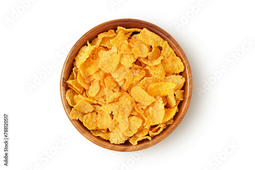 Corn flakes in wooden bowl on white background