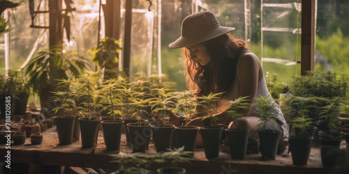A woman repotting cannabis plants
