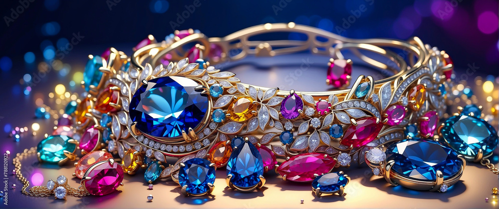 Anime Background and Wallpaper. A vibrant and colorful display of anime-inspired jewelry and gems arranged on a table, showcasing a dazzling array of sapphires and a rainbow of colors