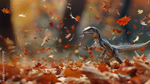 A small raptor puppy playfully batting at falling leaves