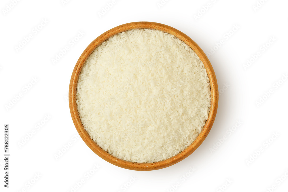 Coconut flour in wooden bowl on white background Coconut flour in wooden bowl on white background