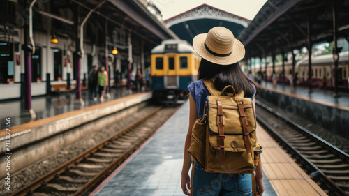 Young asian woman traveler with backpack in the railway, © wiparat