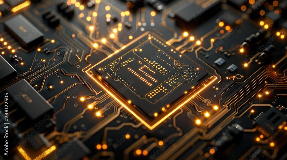 A black and gold background with a chip as the theme, the side and surrounded by circuit windings. The digital technology style product display background has a futuristic feel. Generative AI. A black and gold background with a chip as the theme, the side and surrounded by circuit windings. The digital technology style product display background has a futuristic feel. Generative AI.