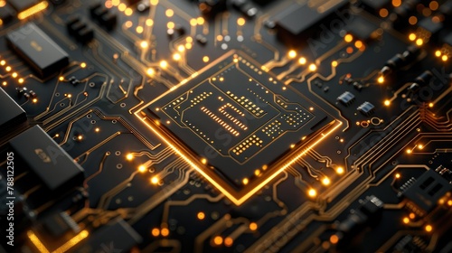 A black and gold background with a chip as the theme, the side and surrounded by circuit windings. The digital technology style product display background has a futuristic feel. Generative AI.