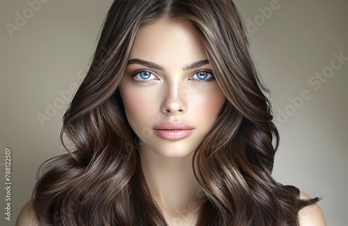 A woman with long brown hair and blue eyes