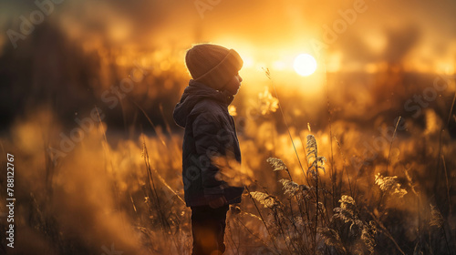 Bambino in un campo di grano al tramonto.