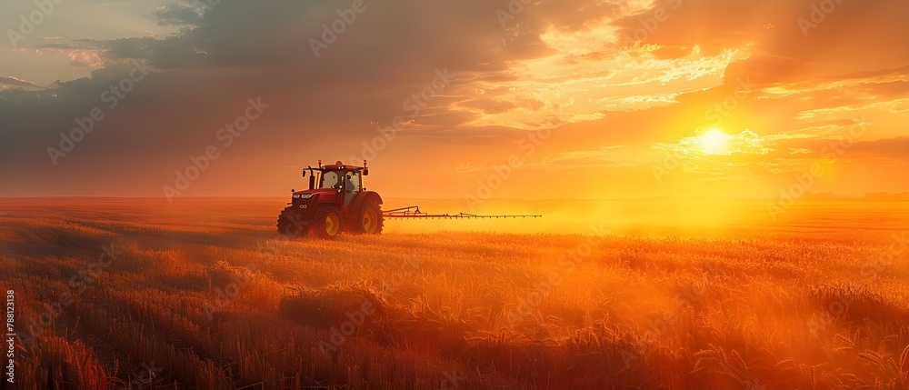 Sunset Symphony: Tractor's Dance Over Golden Fields. Concept Agricultural Machinery, Nature Photography, Rural Landscapes, Golden Hour, Sunset Scenes