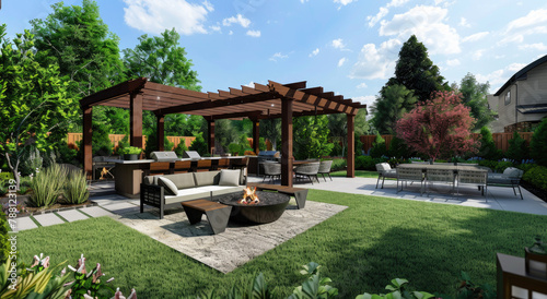 3D rendering of an outdoor kitchen with a bar, seating area and fire pit in the backyard. The setting is a modern home garden with trees and plants around it. © Kien