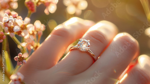 Close-up of a gold engagement wedding ring with diamonds sparkling in the sun on the ring finger against a backdrop of spring flowers and soft natural light