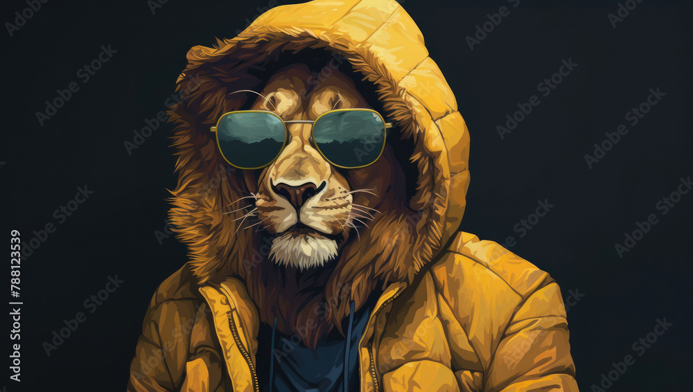Stylish lion in a yellow jacket and cool sunglasses.