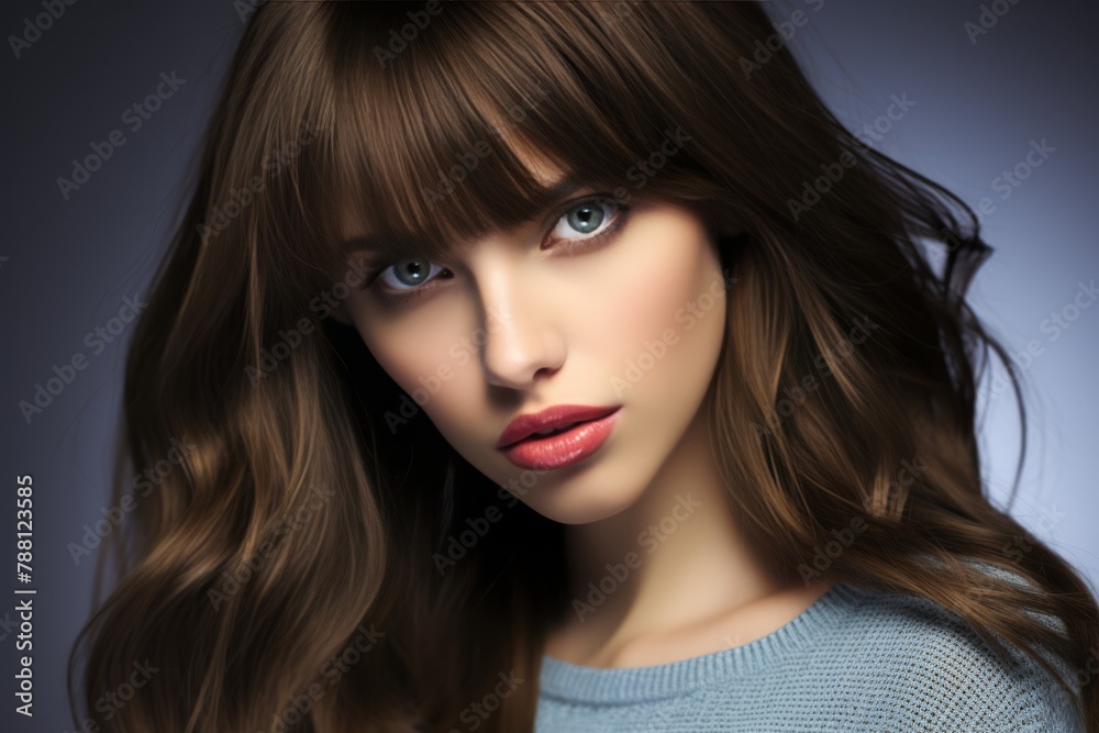 Fototapeta premium A woman with long brown hair is smiling and looking at the camera