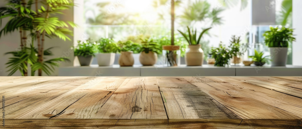 Beautiful empty wooden dining table top with bokeh modern rustic kitchen green plant interior background in a clean and bright atmosphere Beautiful empty wooden dining table top with bokeh modern rustic kitchen green plant interior background in a clean and bright atmosphere