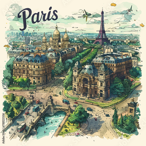 Artistic hand-drawn sketchnote style travel map of Paris, vector, wallpaper