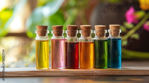 small vial boles with colourful liquid, oil, perfume inside. photo