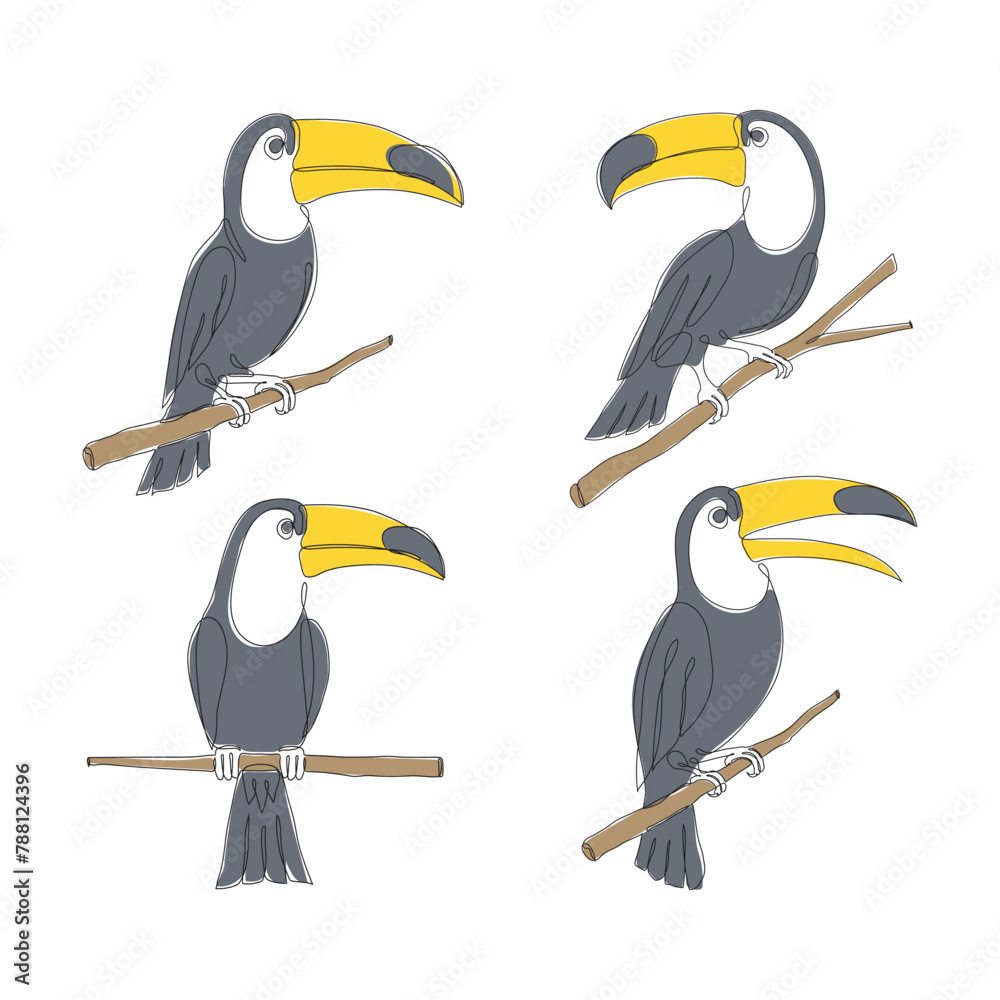 Fototapeta premium Toucan one Continuous line drawing icon set. Line art of toucan bird. Toucan icon minimalist pack. Vector illustration