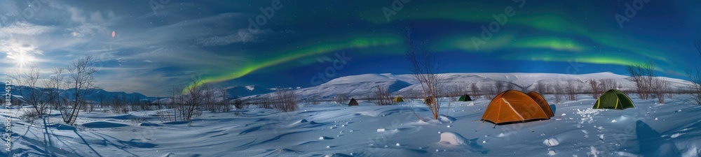 Tents on the snow under the Northern lights