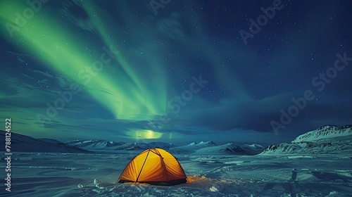 Tents on the snow under the Northern lights
