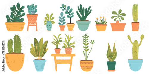 Set of cute potted plants on a white background.