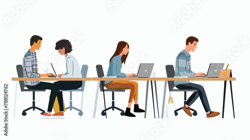 Set of Four people working with laptops and computers