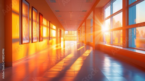 Modern healthcare facility corridor bathed in sunset light