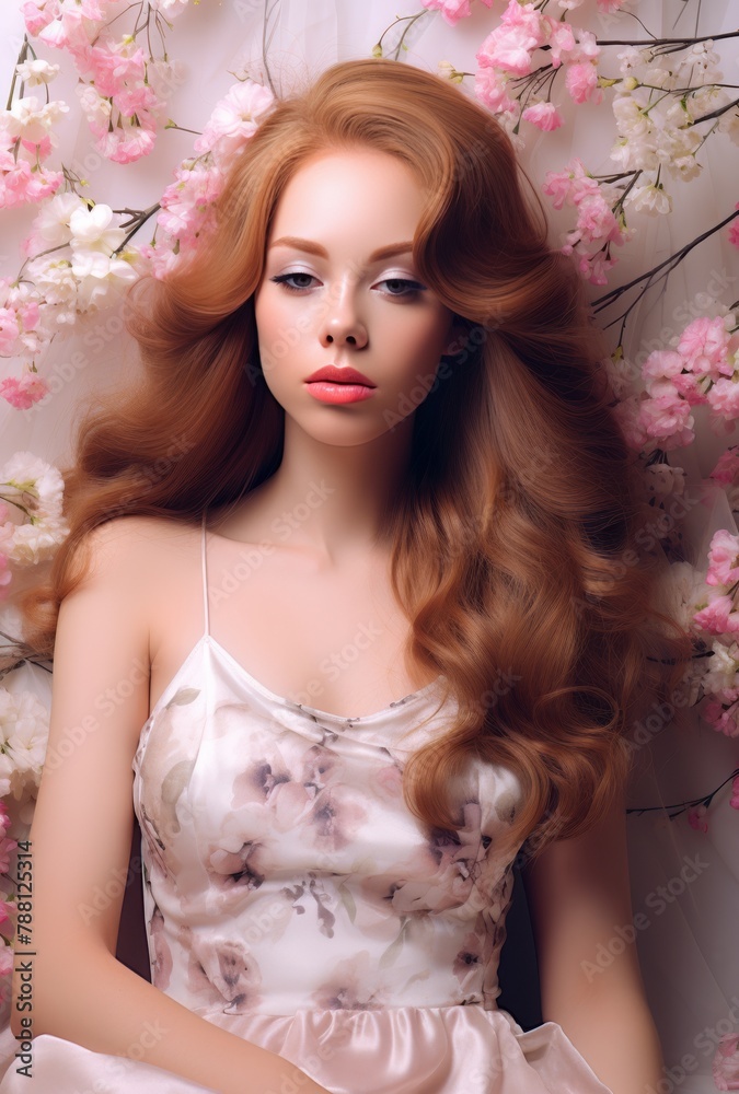 A woman with long brown hair is surrounded by pink flowers A woman with long brown hair is surrounded by pink flowers